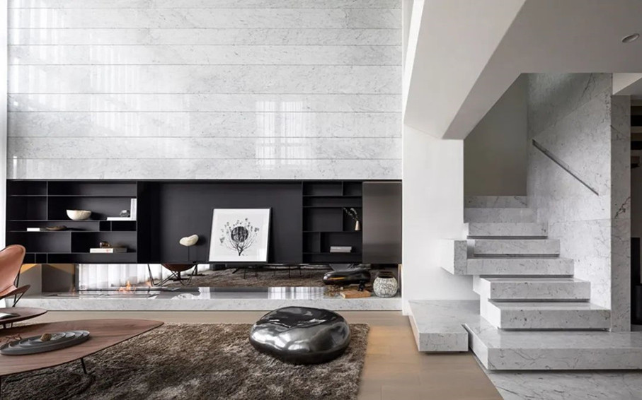 Stone project | 224 ㎡ modern style space, Carrara white marble decoration, quiet and harmonious
